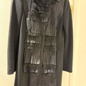 Elie Tahari black Women's wool coat with front Ruffle (silk) and fox fur trim.